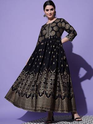 Black Ethnic Motif Printed Work Cotton Anarkali Kurta 1