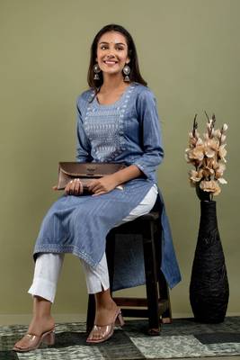 Grey Embroidered Work Rayon Straight Kurta With Pant Set 1