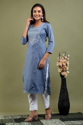Grey Embroidered Work Rayon Straight Kurta With Pant Set 6