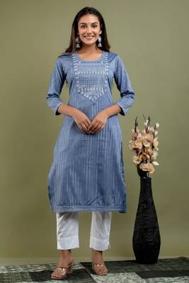 Grey Embroidered Work Rayon Straight Kurta With Pant Set 7