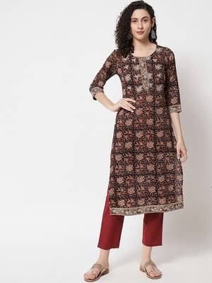 Brown Ethnic Motif printed work With Embroidery Work Cotton Kurta With Pant Set 1