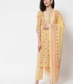 Yellow Flower Printed With Mirror Work Cotton Straight Kurta Pant With Dupatta Set