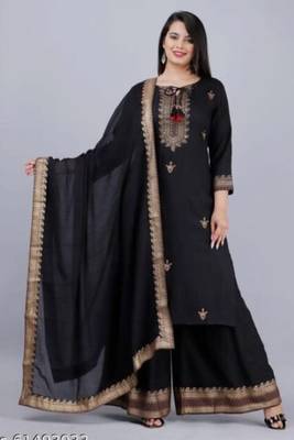 Black Printed Work Rayon Straight Kurta Plazzo With Dupatta Set 1