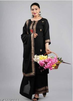 Black Printed Work Rayon Straight Kurta Plazzo With Dupatta Set 2