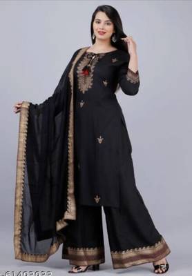 Black Printed Work Rayon Straight Kurta Plazzo With Dupatta Set 3