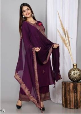 Purple Printed Work Rayon Straight Kurta Plazzo With Dupatta Set 1