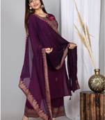 Purple Printed Work Rayon Straight Kurta Plazzo With Dupatta Set