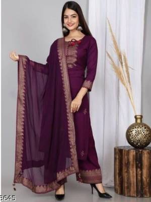 Purple Printed Work Rayon Straight Kurta Plazzo With Dupatta Set 3