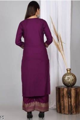 Purple Printed Work Rayon Straight Kurta Plazzo With Dupatta Set 4