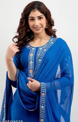 Blue Floral Embroidered Work Rayon Straight Kurta Pant With Dupatta Set 1