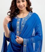 Blue Floral Embroidered Work Rayon Straight Kurta Pant With Dupatta Set
