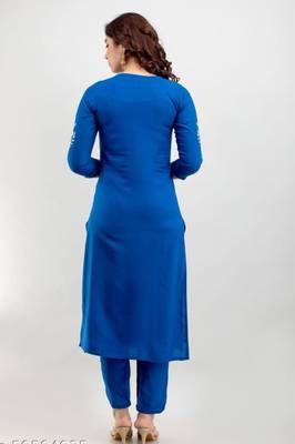 Blue Floral Embroidered Work Rayon Straight Kurta Pant With Dupatta Set 2