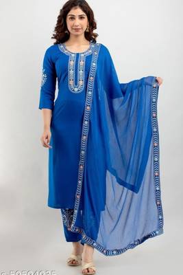 Blue Floral Embroidered Work Rayon Straight Kurta Pant With Dupatta Set 3