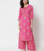 Pink Ethnic Motif Printed Work Cotton Straight Kurta With Plazzo Set