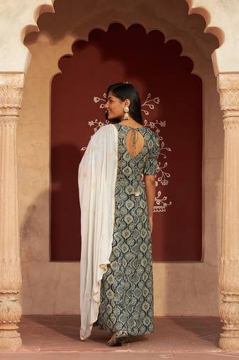 Blue Ethnic Motif Printed Work With Embroidery Work Cotton Anarkali Kurta Pant With Dupatta Set