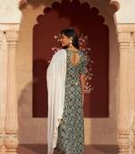 Blue Ethnic Motif Printed Work With Embroidery Work Cotton Anarkali Kurta Pant With Dupatta Set