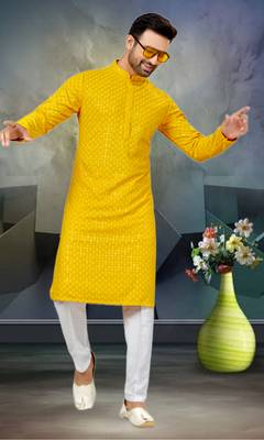 Mens art silk yellow kurta pajama 1