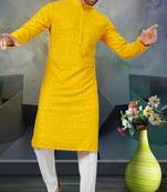 Mens art silk yellow kurta pajama