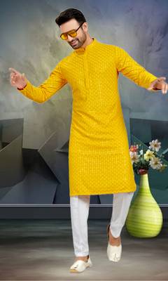 Mens art silk yellow kurta pajama 2