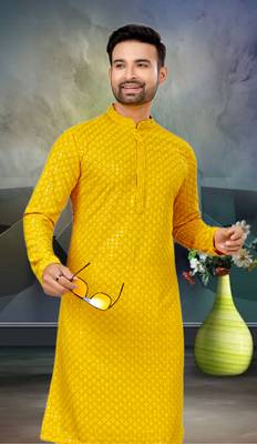 Mens art silk yellow kurta pajama 3