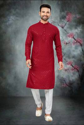 Mens art silk maroon kurta pajama 1