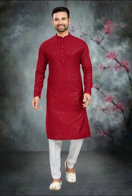 Mens art silk maroon kurta pajama 2