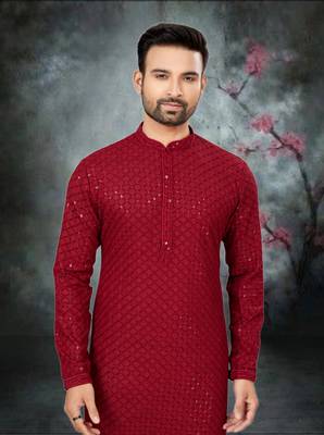 Mens art silk maroon kurta pajama 3