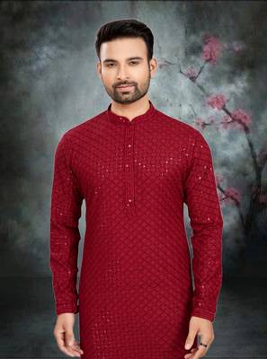 Mens art silk maroon kurta pajama 4