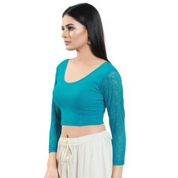 Teal Long Sleeves Solid Stretchable Saree Blouse 2