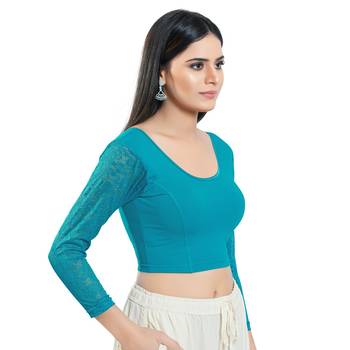 Teal Long Sleeves Solid Stretchable Saree Blouse 3
