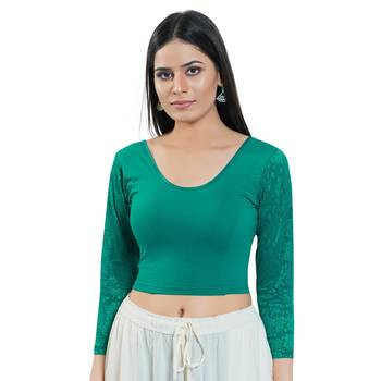 Green Long Sleeves Solid Stretchable Saree Blouse 1
