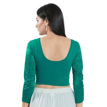 Green Long Sleeves Solid Stretchable Saree Blouse 4