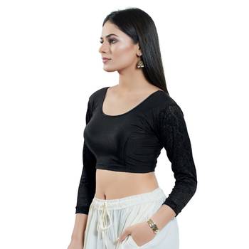 Black Long Sleeves Solid Stretchable Saree Blouse 2