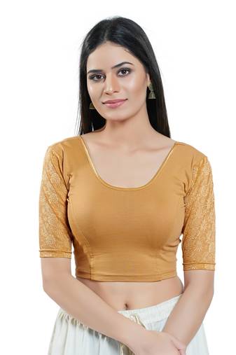 Gold Short Sleeves Solid Stretchable Saree Blouse