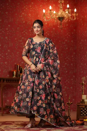 Woodsmoke black organza anarkali suit set of 3