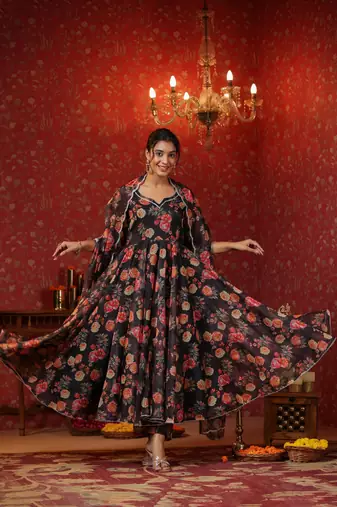 Woodsmoke black organza anarkali suit set of 3
