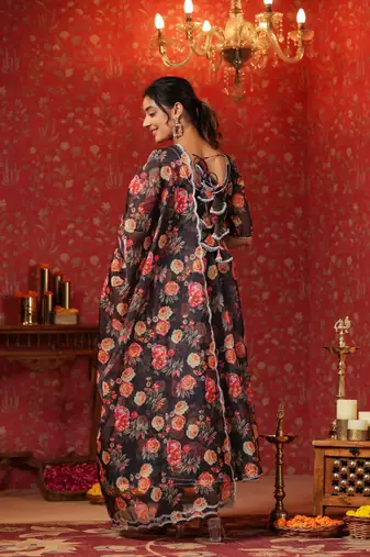 Woodsmoke black organza anarkali suit set of 3