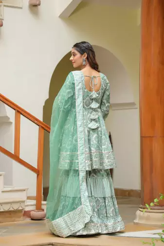 Viridian green cotton mughal print anarkali sharara suit set of 3