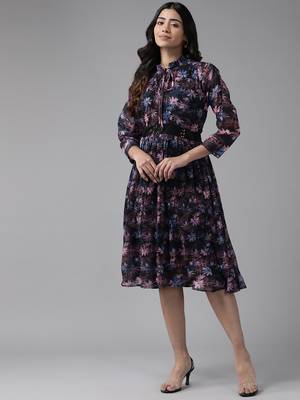 Aarika womens party wear black colour floral print georgette dress 1