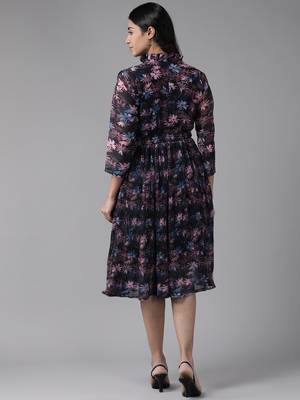 Aarika womens party wear black colour floral print georgette dress 4