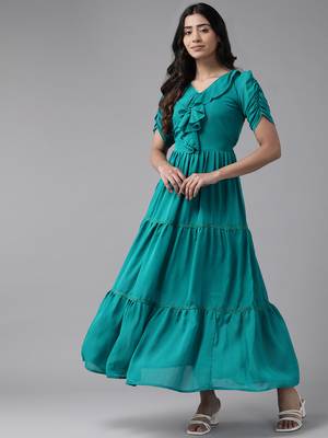 Aarika womens party wear turquoise colour solid georgette dress 1