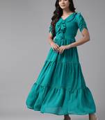 Aarika womens party wear turquoise colour solid georgette dress