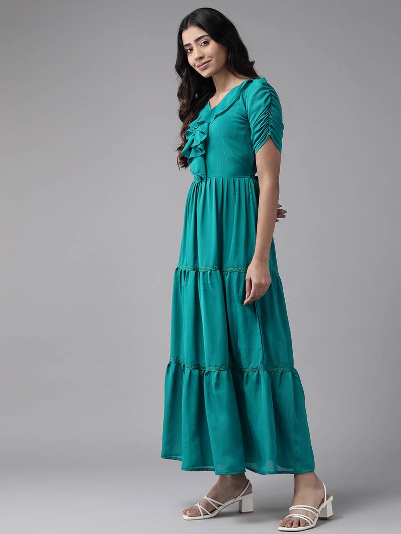 Aarika womens party wear turquoise colour solid georgette dress