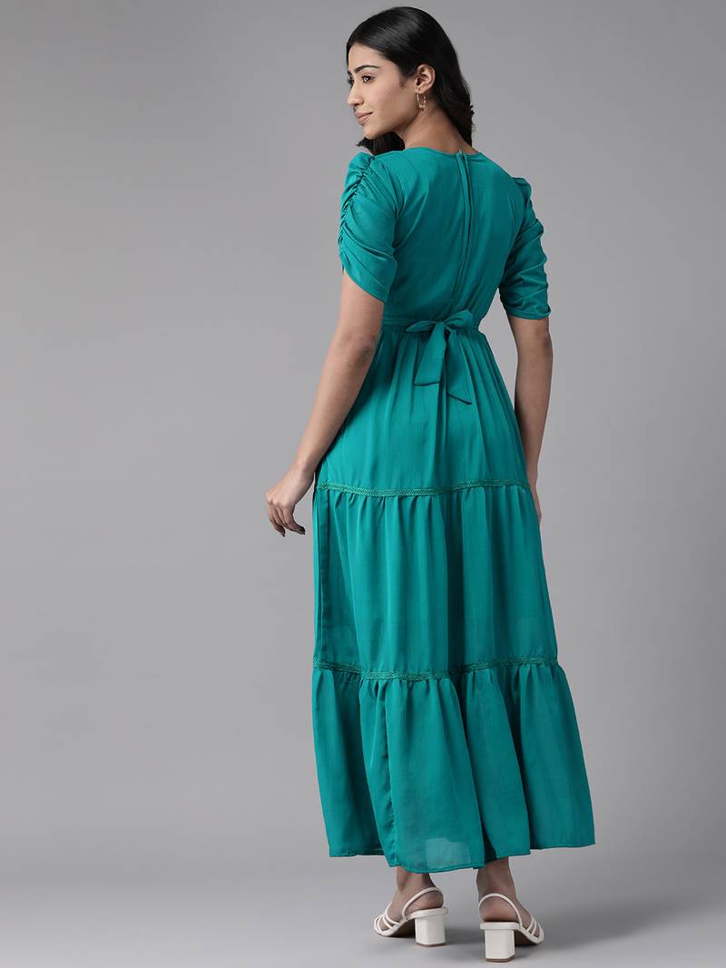 Aarika womens party wear turquoise colour solid georgette dress