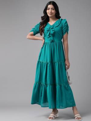 Aarika womens party wear turquoise colour solid georgette dress 5