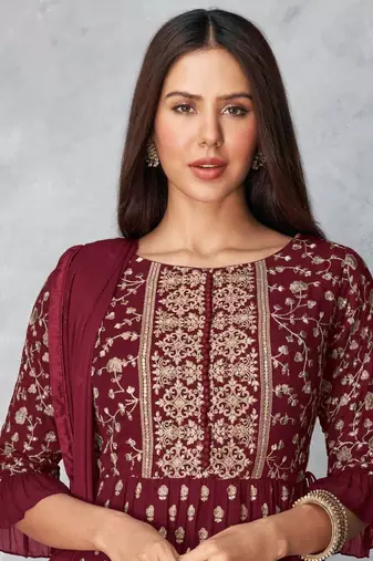 Women's Maroon Color Faux Georgette Embroidered Readymade Kurta Sharara and Dupatta  Set (Full Stitched )