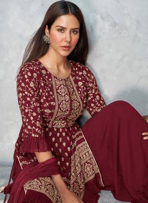 Women's Maroon Color Faux Georgette Embroidered Readymade Kurta Sharara and Dupatta  Set (Full Stitched ) 3