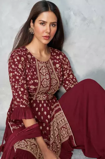 Women's Maroon Color Faux Georgette Embroidered Readymade Kurta Sharara and Dupatta  Set (Full Stitched )
