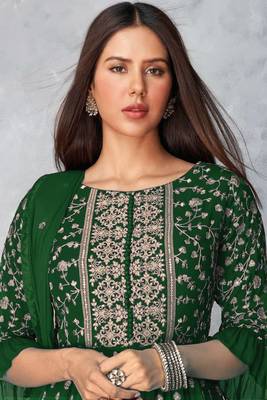 Women's Green Color Faux Georgette Embroidered Readymade Kurta Sharara and Dupatta Set (Full Stitched ) 2
