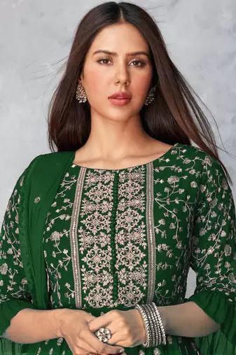 Women's Green Color Faux Georgette Embroidered Readymade Kurta Sharara and Dupatta Set (Full Stitched )